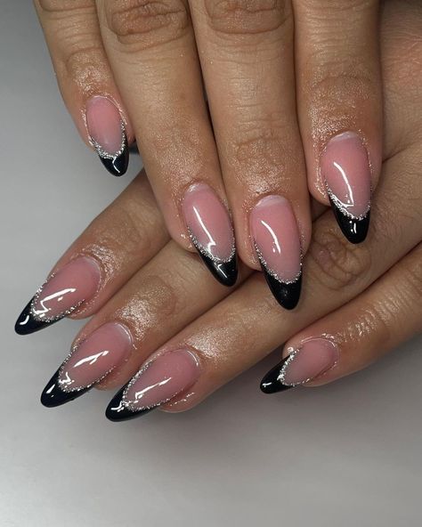 Black French Tips With Silver Line, Almond Acrylic Nails Black, School Dance Nails, Hoco Nails Black, Black And Red Almond Nails, Black Nail Designs Almond, Black Prom Nails Acrylic, Red Nail Designs For Prom, Nail Designs For Prom