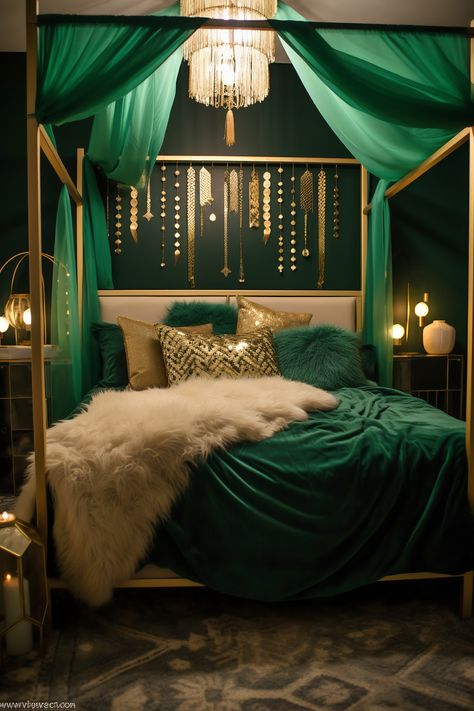 this Vibrant Modern Boho Bedroom is lit by emerald green LED strip lighting tucked behind the headboard. The walls are a muted sage (#9DC183), and the room features a four-poster bed, gold accents, and a patterned rug. Emerald Bedroom, Street Room, Emerald Green Bedrooms, Baddie Bedroom, Baddie Bedroom Ideas, Beautiful Bed Designs, Baddie Room, Baddie Apartment Ideas, Green Bedroom Decor