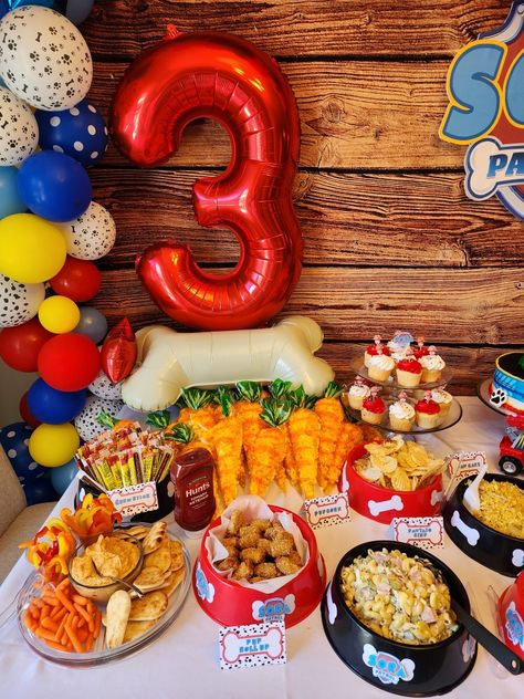 Food table for Paw Patrol / Marshall/ Firefighter party Paw Patrol Birthday Table, Paw Patrol Table Decorations, Marshall Birthday Party, Paw Patrol Marshall Birthday, Marshall Paw Patrol Birthday, Paw Patrol Party Food, Bday Decor, Paw Patrol Marshall, Psi Patrol