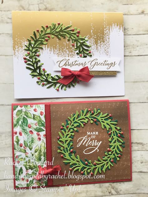 Stampin Up Brushed Gold Christmas Cards, Su Wishes All Around Cards, Stampin Up Wishes All Around Cards, Stampin Up Brushed Gold Cards, Brushed Gold Cards And Envelopes Su, Wishes All Around Stampin Up Cards, Simple Christmas Cards To Make, 13 Wishes, Wondrous Wreath