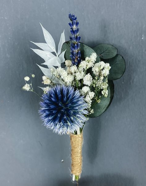 Thistle Buttonhole, Dried Thistle, Dried Flower Bouquet Wedding, Dried Gypsophila, Purple And Green Wedding, Green Wedding Bouquet, Fresh Wedding Flowers, Wedding Tux, Preserved Eucalyptus