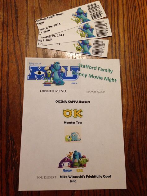 Disney Movie Night: Monsters University Menu  Tickets Monsters University Dinner And A Movie, Monsters University Movie Night, Movie Meals, Monsters Inc Movie, Disney Movie Night Menu, Disney Halloween Movies, Disney Themed Movie Night, Themed Nights, Movie Dinner