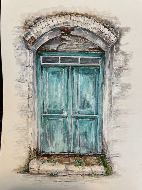 Watercolor Doorways, Watercolor Doors, Vintage French Doors, Art Pictures Ideas, Tuscan Art, Teal Door, Turquoise Door, Decoupage Printables, Brick Arch