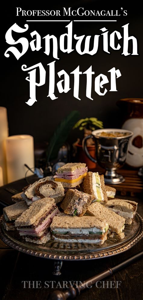 A magical assortment of tea sandwiches inspired by the Harry Potter series, perfect for any wizarding feast. Harry Potter Dishes, Hogwarts Feast, Harry Potter Feast, Cauldron Cakes, Harry Potter Dinner, Harry Potter Parties Food, Harry Potter Movie Night, Pumpkin Pasties, Harry Potter Marathon