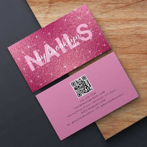 Hot Pink Glitter Nails, Nail Tech Business Cards, Qr Code Business, Business Card Stand, Hot Pink Glitter, Pink Business Card, Qr Code Business Card, Pink Glitter Nails, Beautiful Photoshoot Ideas