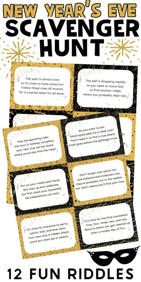 Free printable New Year's Eve scavenger hunt with fun clues and riddles for kids, teens, and adults! New Year’s Eve Scavenger Hunt Adults, New Year Scavenger Hunt For Kids, New Years Eve Teen Activities, Nye Activities For Adults, Silver And Gold New Years Eve Party, New Years Ideas For Teens, New Year’s Eve Scavenger Hunt For Kids, New Years Eve Scavenger Hunt For Kids, New Year’s Eve Scavenger Hunt