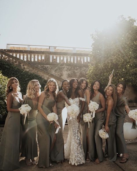 Light Olive Bridesmaid Dresses, Old Money Bridesmaids, Diverse Bridesmaids, Green Shades Bridesmaid Dresses, Old Money Bridesmaid Dresses, Brown Bridal Party, Neutral Tone Wedding, Bridesmaid Palette, Sea Club