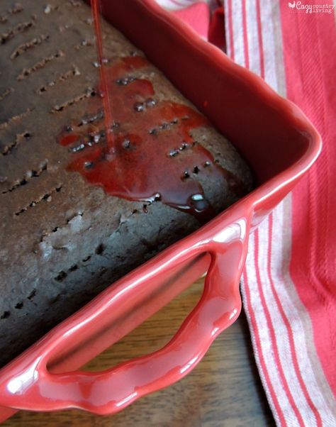 Pouring Cherry JELLO Mixture over Chocolate Cake Chocolate Cherry Jello Poke Cake, Chocolate Jello Cake, Cherry Chocolate Poke Cake, Cherry Jello Poke Cake Recipe, Black Cherry Jello, Poke Cake Jello, Chocolate Poke Cake, Chocolate Cherry Cake, Jello Cake