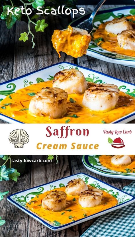 Keto Scallops, Saffron Sauce Recipes, Saffron Sauce, Spanish Saffron, Saffron Recipes, Scallop Recipes, Seafood Dinner, Fish Dishes, Seafood Dishes