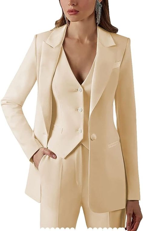 Amazon.com: Women Suits Office Work 3 Pieces Set Lady Blazer Formal Business Suit Wedding Tuxedos Party (Blazer+Vest+Pants)(Beige,12) : Clothing, Shoes & Jewelry Suits Office, Beige Suits, Women Suits, Ladies Blazer, Business Pants, Fancy Dress Design, Trendy Fall Outfits, Versatile Outfits, Formal Business