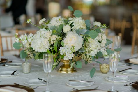 Low lush centerpiece with white peonies, seeded eucalyptus, white stock, white hydrangea in a gold compote dish White Hydrangea Centerpieces, Short Centerpieces, Peonies Centerpiece, Wedding Flowers Hydrangea, Pink Centerpieces, Flowers Hydrangea, Hydrangea Centerpiece, Peonies And Hydrangeas, Hydrangeas Wedding