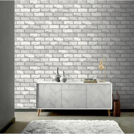 Ebern Designs Roseau 10.05m x 53cm Textured Matte Wallpaper Roll & Reviews | Wayfair.co.uk Silver And White Wallpaper, Brick Wallpaper Ideas, Brick Wallpaper Grey, Industrial Brick Wall, White And Silver Wallpaper, Today Wallpaper, White Brick Wallpaper, Brick Effect Wallpaper, Paint Decor