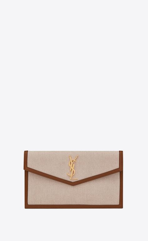 UPTOWN pouch in canvas and smooth leather | Saint Laurent United States | YSL.com Ysl Uptown Pouch, Designer Wishlist, Paris Trip, Small Envelopes, Envelope Clutch, Hermes Bag, Small Leather Goods, Canvas Leather, Leather Goods