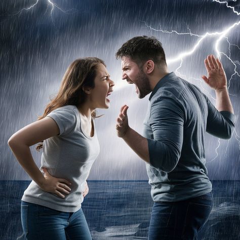 A dramatic and intense scene of a couple engaged in a fierce verbal argument. The wife, with her hands on her hips, has an angry expression on her face. Her husband, standing with his arms raised, appears to be trying to defend himself and explain his actions. The background represents a chaotic storm, with lightning flashing and rain pouring down, reflecting the turmoil in their relationship. This should not happen in life. Couple Argument, Angry Couple, Angry Wife, Angry Expression, Lightning Flash, Husband Wife, Hands On, Affiliate Marketing, Marketing