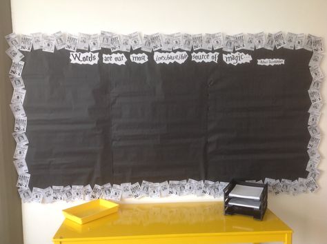 Harry Potter- inspired bulletin board for student work.  The border is made from copies of The Daily Prophet. Magical Classroom, The Daily Prophet, Resident Advisor, Daily Prophet, Harry Potter Classroom, Resident Adviser, Resident Assistant, Classroom Tips, Ela Classroom