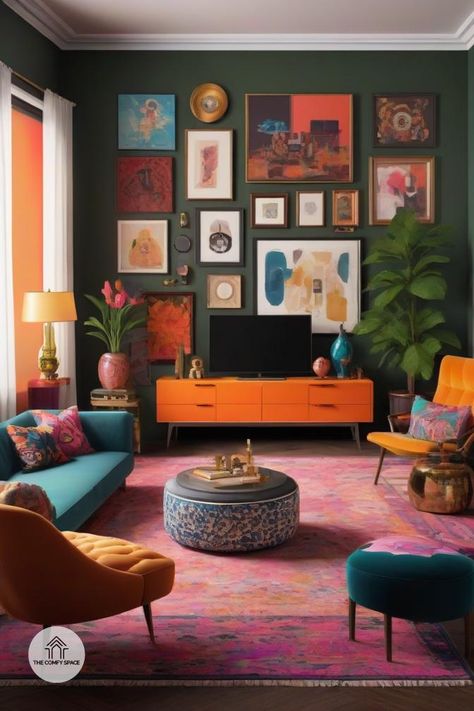 Does your home feel like a jumble of mismatched items? Time to unleash maximalism! This design trend is all about embracing the art of organized chaos. With vibrant colors and bold patterns, learn how to curate your space with style and grace. Whether you're a maximalist novice or a seasoned enthusiast, find the balance between eclectic pieces and harmonious design. #Maximalism #OrganizedChaos #DesignInspiration #HomeStyle #ColorfulLiving#Maximalism #OrganizedChaos #DesignInspiration #HomeStyle #ColorfulLiving Maximalist Home Design, Midcentury Maximalist, Mcm Maximalist, Bright Maximalist Decor, Eclectic Minimalism, Moody Maximalist, Cozy Maximalism, Colorful Eclectic Home, Maximalist Living Room