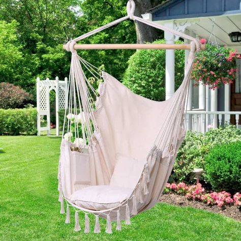 10 Pieces for Outdoor Boho Style | Apartment Therapy Hanging Chair Patio, Boho Outdoor Space, Chair Hammock, Macrame Hanging Chair, Hanging Chairs, Hammock Accessories, Hanging Hammock Chair, Hanging Hammock, Woven Chair