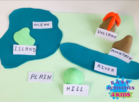 Landforms with playdough: hill, mountain, river, ocean, Island, volcano, plain! Volcano Landform Project, Volcano Learning Activities, Volcano Inquiry Kindergarten, Water And Landforms, Landforms And Bodies Of Water 1st Grade, Ocean Island, Earth Layers, New Years Activities, Mountain River