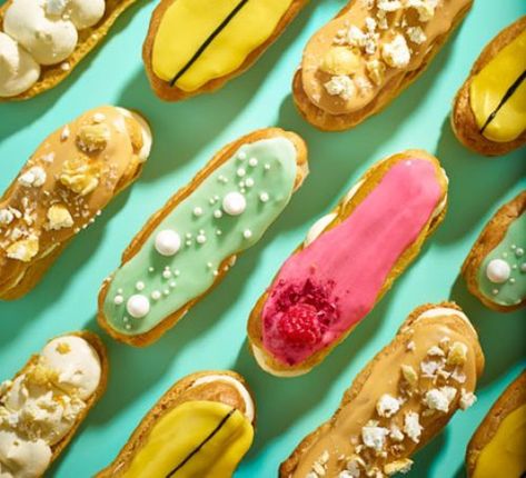 Put your pastry skills to the test and make a dainty array of choux buns, profiteroles and éclairs, filled with crème pâtissière, fruit and other flavours. Classic Eclair Recipe, Choux Pastry Recipe, Raspberry Eclairs, Choux Buns, Eclair Recipe, Salted Caramel Popcorn, Afternoon Tea Recipes, Reference Board, Pastry Recipe