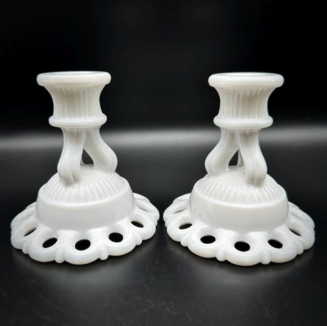 Pair of Milk Glass Candlesticks Westmoreland Glass Doric Lacy Edge White Milk Glass Taper Candleholders Vintage White Home Table Decor Gift Candlestick Collection, Home Table Decor, Westmoreland Glass, Green Candle, Vintage Inspired Wedding, Glass Candlesticks, White Home, Christmas Deals, White Milk Glass