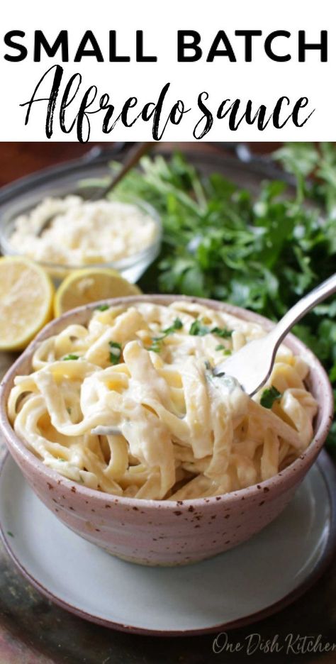 Quick and easy homemade Alfredo Sauce recipe made with cream, butter, lemon juice, Parmesan cheese and nutmeg. This rich, creamy recipe is wonderful served over pasta or with chicken. Alfredo Sauce For One, Easy Homemade Alfredo, Easy Alfredo Sauce, Easy Alfredo, Single Serve Meals, Alfredo Sauce Recipe Easy, One Dish Kitchen, Alfredo Sauce Recipe Homemade, Easy Foods