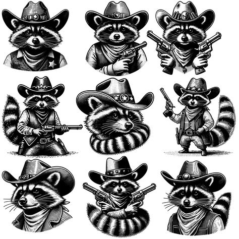 Mens Png Images, Western Raccoon Tattoo, Cowboy Raccoon Tattoo, Tactical Raccoon, Traditional Raccoon Tattoo, Tactical Animals, Raccoon Tattoo Funny, Pct Shirt, Cowboy Tattoo Western