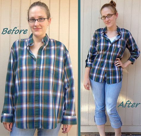 Plaid Shirt Refit - Before & After by nosmallfeet, via Flickr Shirt Upcycle, Sewing Men, Sewing Alterations, Diy Shirts, Upcycle Sewing, Sew Ins, Repurposed Clothing, Diy Vetement, Plaid Outfits