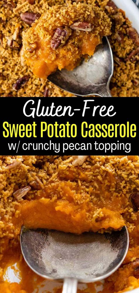 Now everyone can enjoy sweet potato casserole with this easy, gluten-free recipe! No speciality ingredients are required, so it's simple to prepare, even for those not familiar with a gluten-free diet! Sweet Potato Casserole Gluten Free, Gluten Free Sweet Potato Recipes, Gluten Free Sweet Potato Casserole, Mamagourmand Recipes, Souffle Recipes Easy, Gluten Free Veggies, Gluten Free Family Meals, Sweet Potato Seasoning, Vegan Sweet Potato Casserole