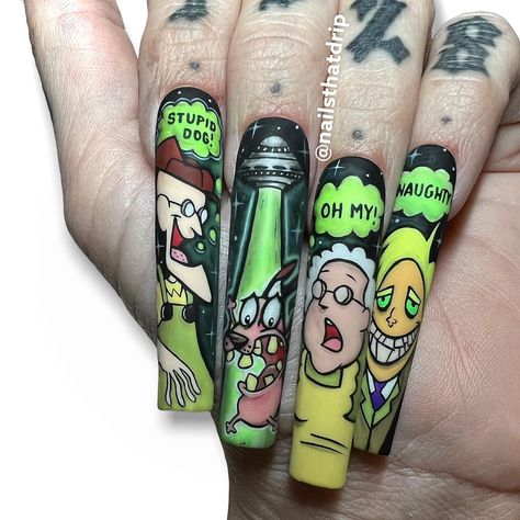 Johnny Bravo Nails, Courage The Cowardly Dog Nail Art, Pluto Nails Disney, Bojack Horseman Nails, Courage Nails, Family Guy Nails, Cartoon Network Nail Art, Billy And Mandy Nails, Cartoon Halloween Nails