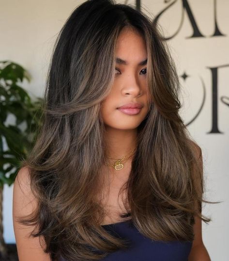 Long Thick Haircut with Butterfly Layers Mid Length Hair With Framed Face, Long Thick Haircut, Thick Haircut, Butterfly Layers, Mid Hair, Medium Shaggy Hairstyles, Long Sleek Hair, Haircuts For Thick Hair, Medium Shag Haircuts