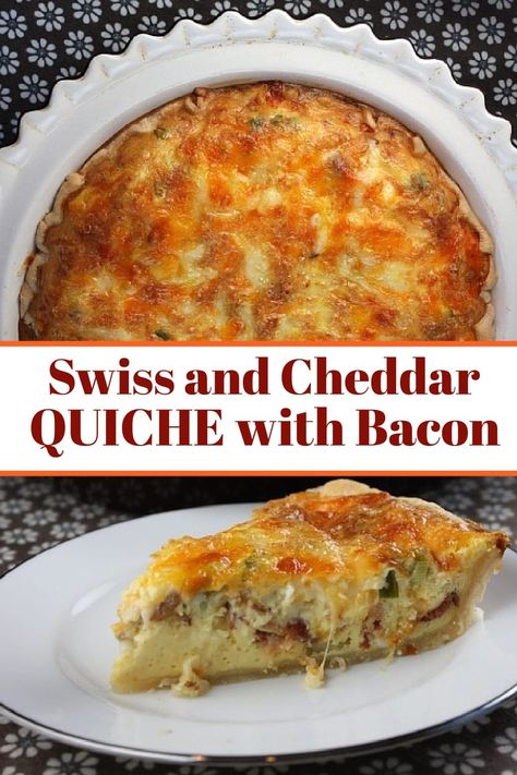 Swiss and Cheddar Quiche with Bacon recipe from RecipeGirl.com #swiss #cheddar #quiche #bacon #recipe #recipeGirl Swiss Cheese And Bacon Quiche, Chopped Bacon Recipes, Winter Quiche Recipes, Bacon And Swiss Quiche, Bacon Swiss Quiche, Breakfast Quiche Bacon, Bacon Cheddar Quiche, Cabin Meals, Quiche Bacon