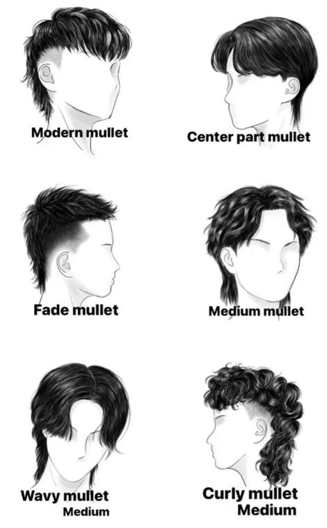 Mulet Hair Styles For Men, Type Of Haircut Men, Mullet Hairstyle Mens Drawing, Mullet Outfits Men, Anime Haircut Men, Curly Mullet Drawing, Mullet Lungo Uomo, Haircut For Men Mullet, Different Types Of Mullets