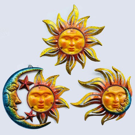 PRICES MAY VARY. 【Enthusiastic sun face wall art】3 excellent sun face wall décor with moons and stars create a bright, dazzling vision to your house & porch. No matter hanging on the wall of your living room to embellish your indoor space, or as a decorative addition to your porch balcony garden, this pretty sun faces would absolutely stand out. 【High quality】Made with premium quality metal. Manual spray paint for colorful surface, rust protection and long-lasting color 【Suitable size to any occ Metal Sun Wall Art, Sun Wall Decor, Diy Wall Painting, Sun Face, Sun Moon Stars, House With Porch, Outdoor Wall Art, Metal Wall Art Decor, Outdoor Patio Decor