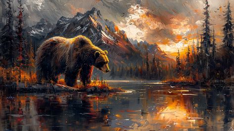 Beautiful Landscapes oil painting digital nature bear Black Bear Painting, Painted Milk Cans, Calming Pictures, Alaska Art, Wildlife Illustration, Bear Artwork, Eagle Painting, Oil Painting Digital, Bear Paintings