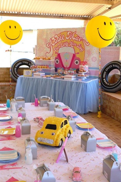 Party Setup from a 60's VW Love Bug Themed Birthday Party via Kara's Party Ideas KarasPartyIdeas.com (18) Vw Bug Birthday Party, Vw Party Ideas, Volkswagen Party Ideas, Love Bug Birthday, Vw Cake, Bug Themed Birthday Party, Bug Birthday Party, 2 Groovy, Hippie Birthday Party