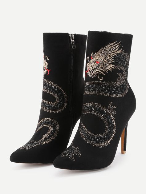 Shop Dragon Embroidery High Heeled Ankle Boots online. SheIn offers Dragon Embroidery High Heeled Ankle Boots & more to fit your fashionable needs. High Heeled Ankle Boots, Dragon Embroidery, Mode Shoes, Boot Fashion, Womens Black Booties, Fancy Shoes, Aesthetic Shoes, High Heel Boots Ankle, Boots Ankle