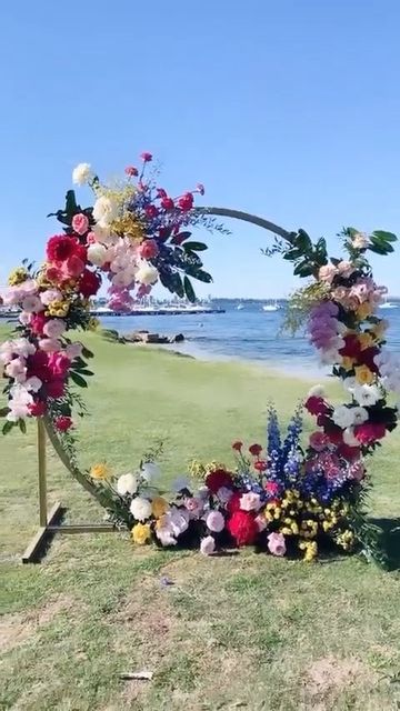 Half Circle Flower Arch, Wildflower Floral Arch, Wildflower Arch Backdrop, Rainbow Floral Arch, Wedding Arch Flowers Bright Colors, Flower Circle, Wedding Arbour, Vogue Wedding, Bright Wedding