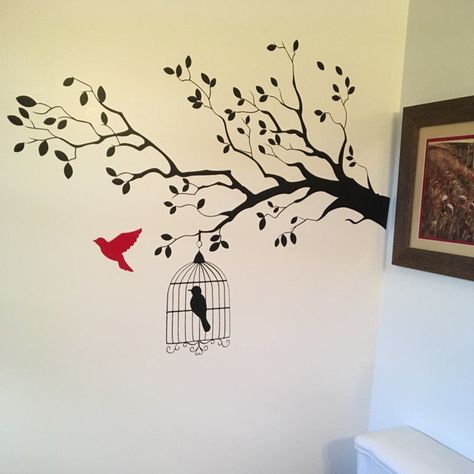 Tree silhouette with bird flying decal Bathroom Wall Decal | Etsy Wall Painting Tree And Birds, Tree Wall Painting, Branch Silhouette, Bird Silhouette Art, Tree Branch Wall Art, Simple Wall Paintings, Bathroom Wall Decals, Wall Painting Living Room, Creative Wall Painting