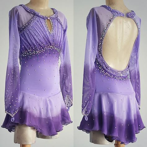 Lilac figure skating dress airbrushed to eggplant purple. Ice Oc, Ice Skating Competition Dress, Roller Skating Dress, Gymnastics Dress, Custom Figure Skating Dresses, Ice Skating Outfits, Competition Skating Dress, Figure Skating Competition, Ice Skating Costumes