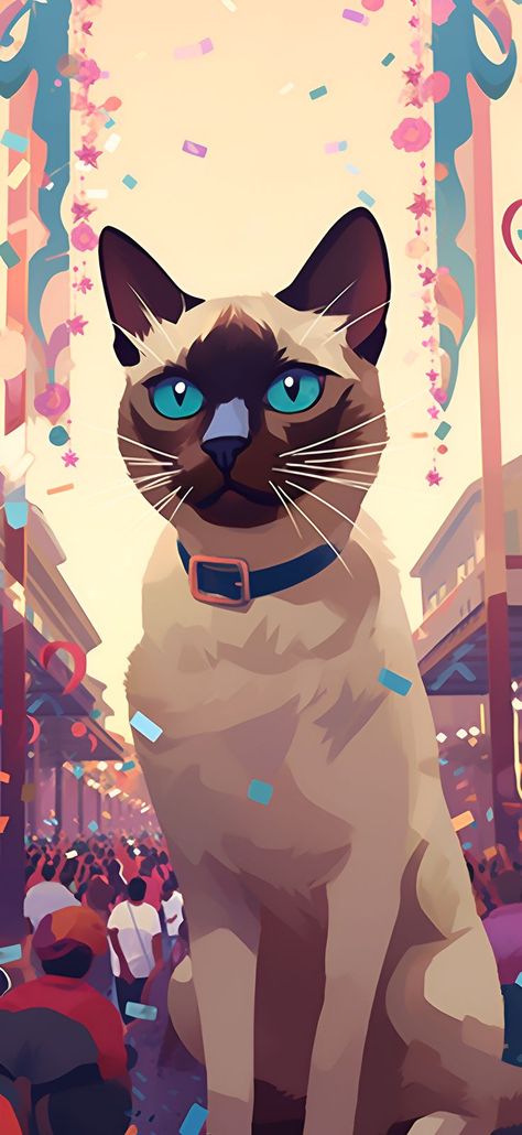 Aesthetic Wallpaper iPhone and aesthetic wallpaper Android, generative art featuring a Siamese cat at a street celebration. Siamese Cat Tattoos, Cat Phone Wallpaper, Cat Spirit, Aesthetic Wallpaper Iphone, Wallpaper Android, Street Market, Pet Life, Cat Colors, Cat Wallpaper