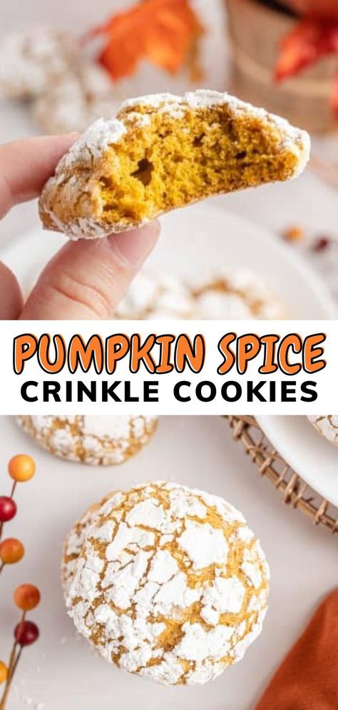 Soft and sweet with crackly powdered sugar edges, these Pumpkin Crinkle Cookies are a fall season delight! Made with real pumpkin and seasonal spices, they’re the perfect cookie for a crisp autumn day or any time of year. Pumpkin Crinkle Cookies, Soft Pumpkin Cookie Recipe, Christmas Crinkle Cookies, Pumpkin Spice Sugar Cookies, Soft Pumpkin Cookies, Cookie Recipes Decorating, Soft Baked Cookies, Crinkle Cookies Recipe, The Perfect Cookie