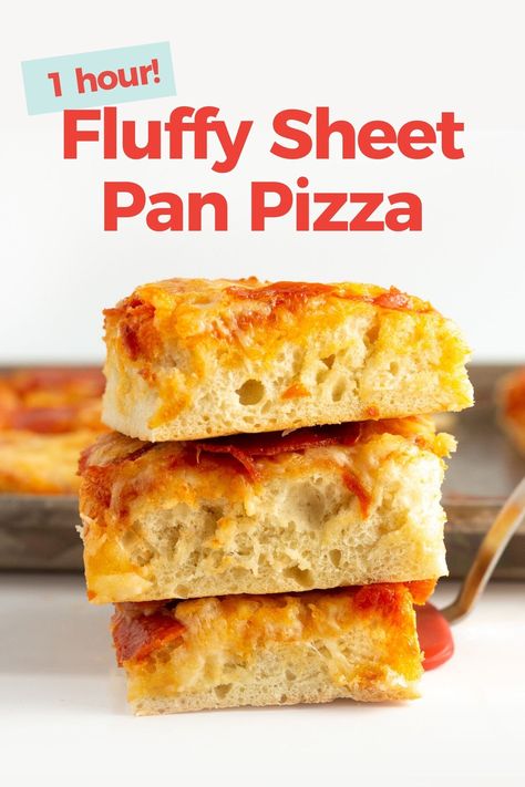 This sheet pan pizza recipe lets you make homemade pan pizza in 30 minutes! The no-rise pizza crust dough is the easiest I've ever made! Pan Pizza Crust Recipe, Pan Pizza Dough Recipe, Sheet Pan Pizza Dough, Pan Pizza Dough, Homemade Pan Pizza, White Sauce Pizza Recipe, No Rise Pizza Dough, Pizza Dough Recipe Quick, Design Eat Repeat