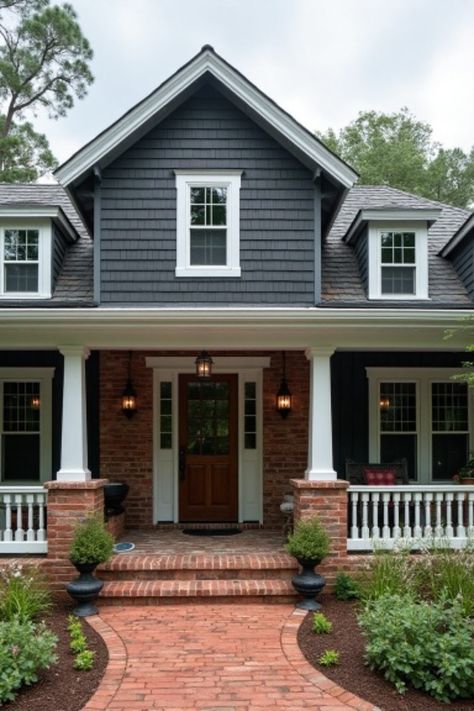 15 Black House Exterior Ideas That Redefine Modern Elegance Front House Siding Ideas, Front Entrance Remodel, House Siding Ideas, House With Front Porch, Dark Blue House, Dark Blue Houses, House Exterior Ideas, Siding Ideas, Front House