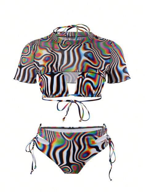 Multicolor  Collar   All Over Print  Embellished High Stretch  Women Clothing Rave Swim Outfits, Halter Neck Swimwear, Beach Outfit Bikinis, Apple Jam, Simply Fashion, Cute Nike Outfits, Festival Summer, Beach Wear Outfits, Diy Fashion Clothing