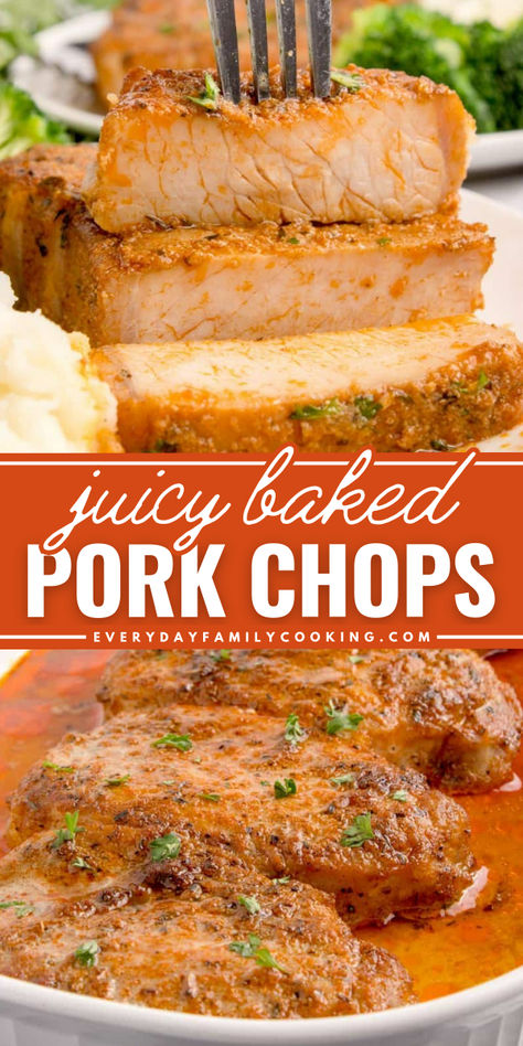 An easy homemade rub is what sets these baked pork chops recipe apart! Made with flavorful seasonings, brown sugar, and olive oil, it brings out the natural flavor in the meat, resulting in some seriously juicy baked pork chops. Best Juicy Pork Chop Recipe, No Bone Pork Chops Recipes, Baked Porked Chops, Easy Juicy Pork Chops, Over Baked Pork Chops, Thick Pork Chops In The Oven, Easy Pork Loin Chops Recipes, Porkchops In The Oven, Pork Sirloin Chops Oven