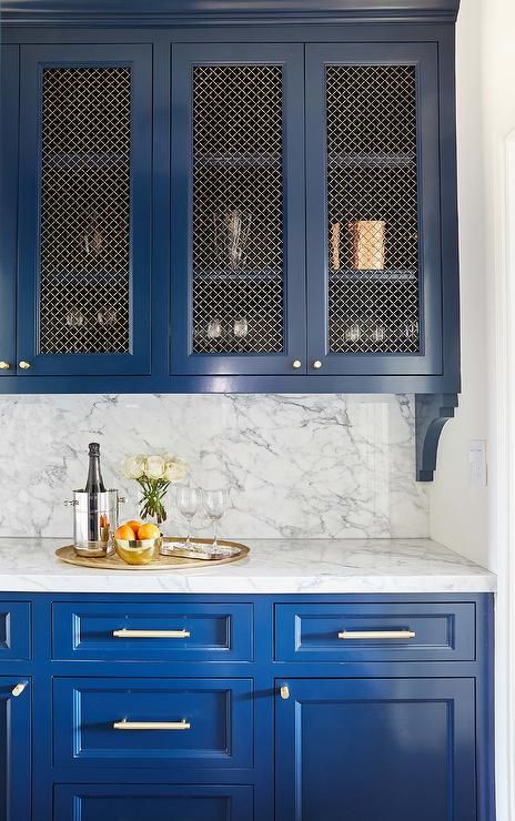 Brass Grills on Glossy Blue Cabinets - Transitional - Kitchen Blue Bar Cabinets, Pantry Open Shelves, Bar Butlers Pantry, Marble Slab Backsplash, Glass Bar Shelves, Kitchens 2023, Modern Basement Bar, Slab Backsplash, Perforated Plate