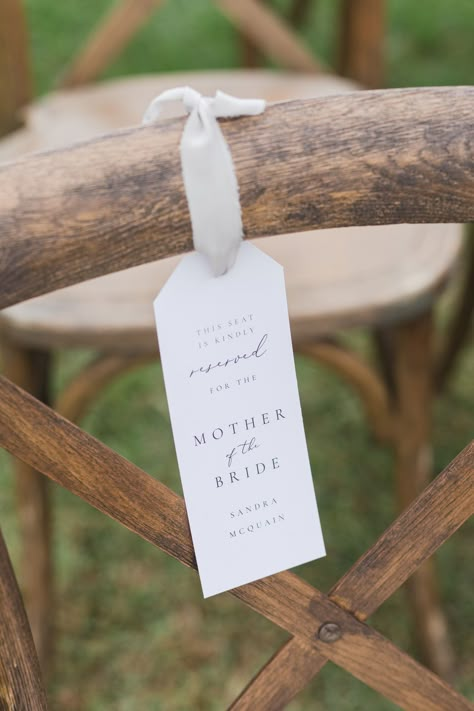 A simple way to save designated seats for immediate family members. This researvation is clear and distinct without the hassle of having to remove it before sitting down. Save this pin for inspiration of how to design seating researvations. #motherofthebride #seatingreservations #paperproducts Photography By Costola Photography Seat Holders Wedding, Ceremony Seat Reservation, Reserve Seats Wedding, Wedding Seating Signage, Resevered Seating Wedding Ceremony, Reserved Signs For Wedding Ceremony, Ceremony Reserved Signs, Seat Reserved Wedding, Wedding Seat Reserved Sign