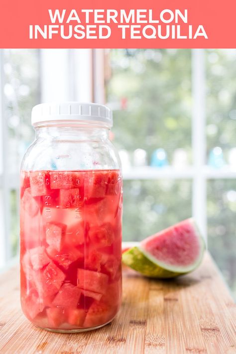 Watermelon Infused Tequila - Now you can have a watermelon margarita whenever you feel like it!! This Watermelon Infused Tequila is so easy, time does all the work! It is great for year round watermelon margaritas and it makes a great Christmas gift! #infusedtequila #watermelon #tequila #DIYChristmasgifts Watermelon Tequila, Infused Tequila, Infused Liquors, Tequila Recipe, Liquor Recipes, Watermelon Margarita, Liqueurs Recipes, Tequila Drinks, Infused Vodka