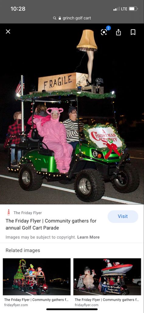 Golf Cart Christmas Lights, A Christmas Story Float Ideas, Christmas Story Float Ideas, Christmas In July Boat Decorations, Christmas Golf Cart Decorating Ideas, Golf Cart Parade Decorating Ideas, A Christmas Story Parade Float, Christmas Golf Cart Ideas, Side By Side Christmas Parade