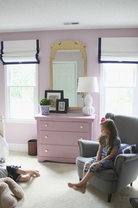 lavender, light purple girls bedroom, roman shades, gold mirror (paint: Mauve Finery by Sherwin-Williams) Light Purple Girls Bedroom, Grey Carpet Hallway, Purple Girls Bedroom, Lavender Bedroom, Cordless Roman Shades, Carpets For Kids, Carpet Shops, Carpet Styles, Best Carpet